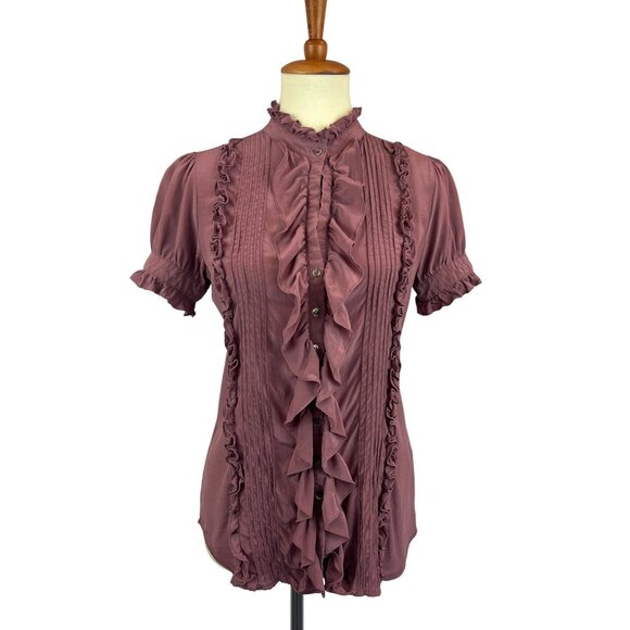 Joie Tops - Y2K Ruffle Button Up Blouse Womens S Short Puff Sleeves Mauve Mandarin Collar